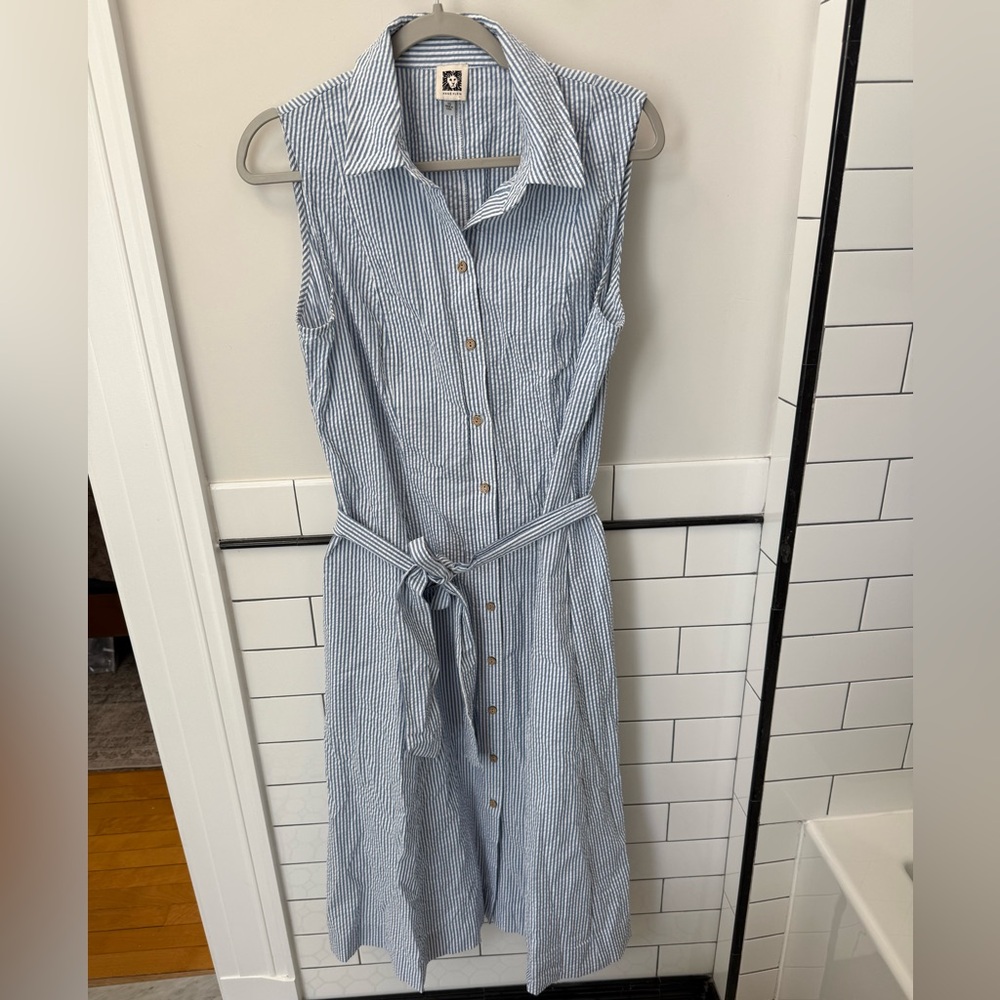 Anne Klein Blue and White Striped Sleeveless Shirt Midi Dress